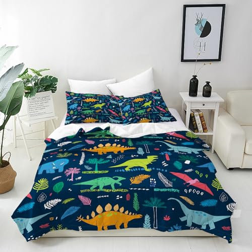 ANHOPE Cartoon Tier Dinosaurier Bettwäsche Set Weich Microfaser Bettbezüge mit Reißverschluss 2 Teilig Bettbezug 135x200 cm & Kissenbezug 80x80 cm Bettdeckenbezug Set für Kinder Jungen Mädchen