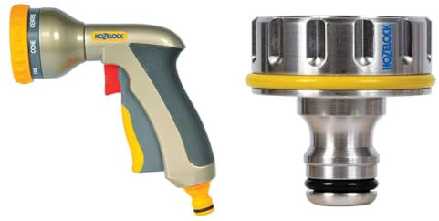 HOZELOCK - Multi-Jet Spray Gun Plus : Ergonomic, Extremely Compact Metal Multi-Task Gun & 1 Inch BSP (33.3 mm) Pro Metal Outdoor Tap (for Larger Taps More Than 33.3 mm Diameter)