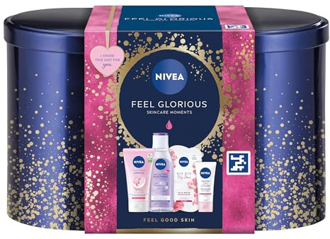 NIVEA Feel Glorious Gift Set (5 Products), Women's Gift Set with Beauty Products, Includes Micellar Water, Face Mask, Day Cream, Cream Wash, with Stylish Oval Tin