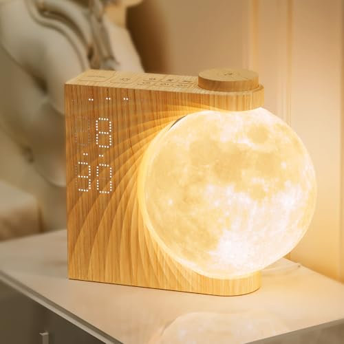 RETEYUNG Mondlampe, 3D Mondlicht mit 2 Wecker, RGB 8 Colors, Tageslichtwecker mit 10 Natürlicher Klang, Geschenke für Frauen Mädchen Jungen, Stimmungslicht für Schlafzimmer(Manuelle Rotation)