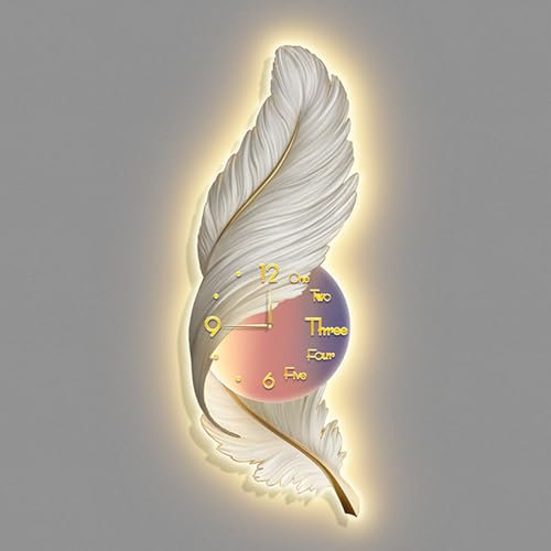 Wanddekoration, Feder-Wanduhr, Dekor mit LED-Licht, Feder-Wandkunst-Skulptur, Feder-Wandleuchter für Wohnzimmer, Esszimmer, Schlafzimmer, Flur, 43 x 120 cm