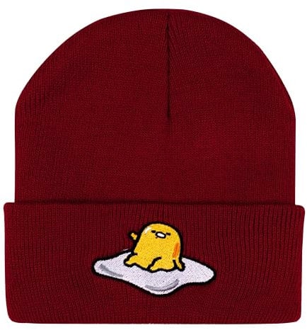 Roffatide Gudetama Beanie für Männer Frauen Cuffed dick gestrickt Unisex Schädel Kappen Bestickte Totenkopfmütze Beanie Mütze Winter Strickmütze Rot