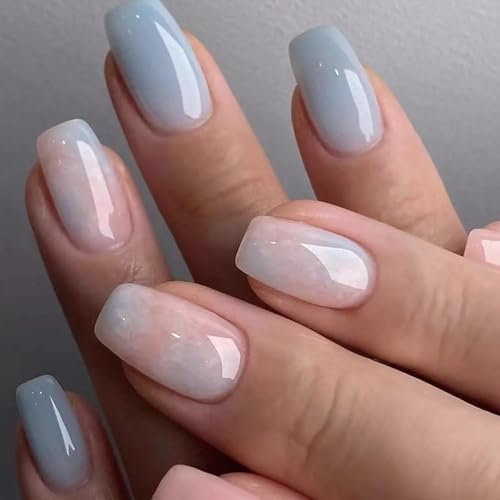 Bkemkri 24 Pièces Faux Ongles à Coller Autocollants Adhesif Press on Nails Kit Français Rose Bleu Ciel Capsules Brillant Medium Length, Acrylique Réutilisable Couverture Complète Bâton sur Ongles