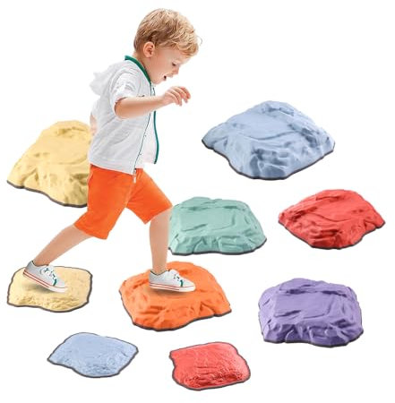 E-Solem Balance Stepping Stones for Kids 9 Pcs, Durable Faux Stones Simulate Nature, Obstacle Courses Indoor Outdoor Toddlers Sensory Toys Promoting Balance & Gross Motor Skills, Non-Slip Edging