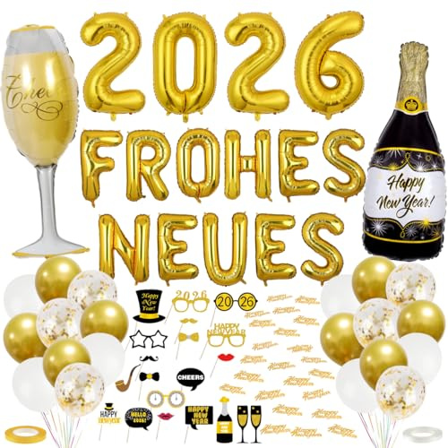 Cadimus Silvester Deko 2026, 2026 Neujahrsballons, Frohes Neues Jahr Ballonset, Schwarz Gold Neujahr Deko, Silvester Konfetti und Foto Requisiten Neujahr