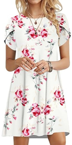 PLOKNRD Robe D'été Femme Manches Pétales T Shirt Robe A-Line Casual Robe col Rond Décontractée Chic et Elegant Robes(Rose Blanc,S