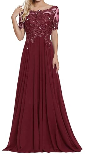 Abendkleider Damen Spitze Lang Mutter der Braut Kleider Chiffon A-Linie Hochzeit Partykleid mit Ärmeln