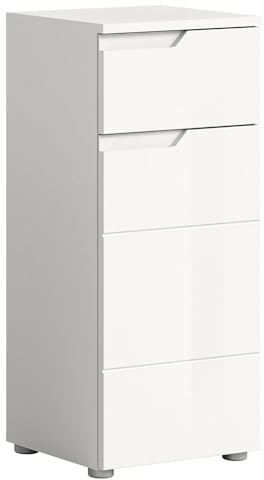 xonox.home Badezimmer Solero Kommode Schrank Standschrank schmaler Badezimmerschrank Badschrank schmal in Front weiß Hochglanz tiefzieh Korpus weiß, ca.38x87x34 cm