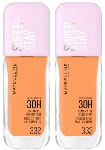 Maybelline New York Foundation, flüssig, langer Halt, Superstay Lumi, matt, 30 H, modulare Abdeckung, wasserdicht, kein Transfer, mittlere bis hohe Abdeckung, Farbe 332 mit Aminosäuren – 2 Flaschen à