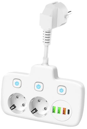 KUWUNG 6 in 1 Steckdose mit USB, 2-Fach Doppelstecker für Steckdose Steckdosenleiste mit Schalter, Verteilersteckdose mit USB und Schalter, WeißEU-Steckdosenleisten-Wandsteckerverlängerung für Zuhause