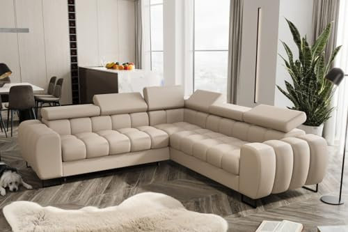 Friderik Ecksofa Aspen MAX Ledersofa 260×260 cm Kopfstützenverstellung Schlaffunktion Bettkasten Creme (U-9) (Rechts)