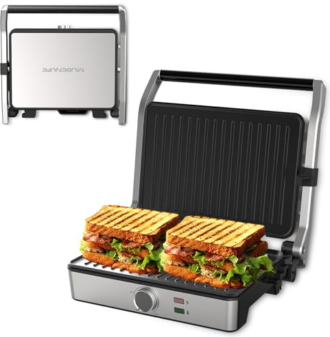 MUBENLIFE Panini Press, Electric Sandwich Press Grill, Open 180 Degrees, Electric Grill Indoor, Perfect for Grilling Sandwich, Steak, Burger, Adjustable Temperature Control, Non Stick Coating,GT60