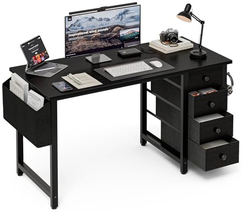 Grandder Escritorio para ordenador pequeño de 100 cm con 4 cajones de tela, escritorio reversible para niños, adolescentes y oficina en casa, mesa de trabajo moderna para dormitorio y espacios