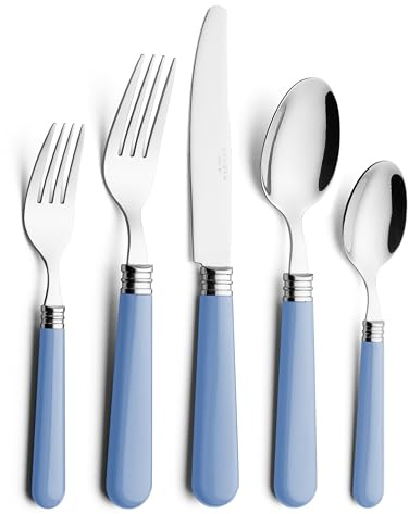 ANNOVA Juego de cubiertos, juego de cubiertos de acero inoxidable, incluye cuchillos, tenedores, cucharas, tenedores para ensalada y cucharas para postre (Azul claro, 20 piezas)