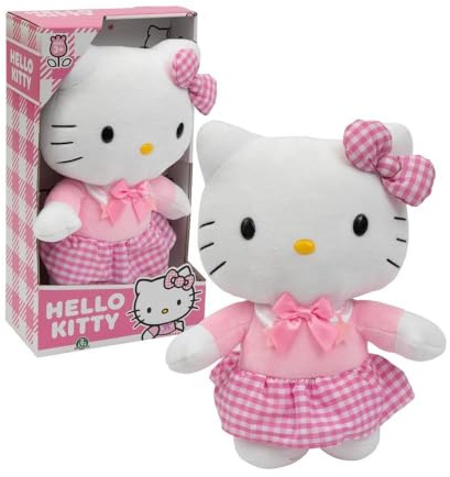 Hello Kitty - Peluche Alto 30 cm, Morbida Con abito E Fiocco A Quadretti Bianchi E Rosa, Altamente molto dettagliata, Per Collezionisti e Bambini dai 3 Anni