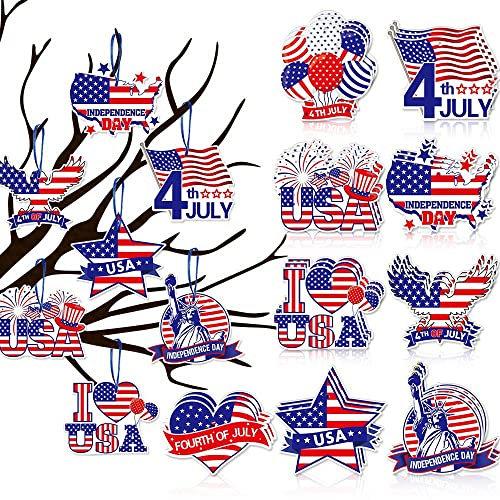 9pcs Independence Day Decorations Hanging Ornaments for Tree, 4th of July Decoration Red White Blue USA Star Stripe Flag Paper Pendants with Hanging Cords Room Ceiling Wall Home Decorations Supplies