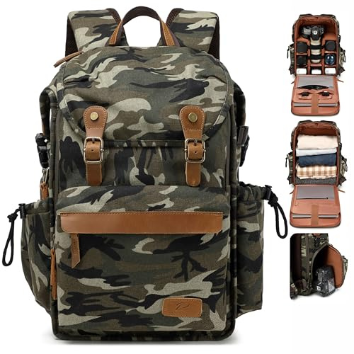 Padwa Lifestyle Kamerarucksack - Gewachstem Memory Canvas mit 16“ Laptop-/Objektivfach und Stativfach, Mehrzweck-Kamerarucksack für professionelle Fotografen - Tarnfarbe
