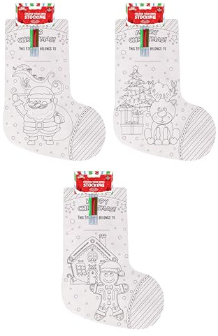 HENBRANDT Single Christmas Colour Your Own Stocking with 4 Colouring Pens | 1 of 3 Festive Designs | 36cm Xmas Stockings for Kids Colour Your Own Hanging Christmas Arts and Crafts for Boys and Girls