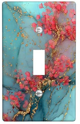 Lichtschalter-Abdeckplatten mit abstraktem Blumenmuster, türkisfarbene Blüten mit goldenen Akzenten, moderne Wohnkultur für Frühling und Sommer, thermoplastisches Design, einzelner Kippschalter