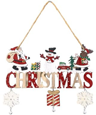 Weihnachtsdeko Hängend Frohe Weihnachten Schriftzug Holz Deko | Weihnachtsmann Schneemann Schneeflocken Anhänger mit Kordel für Tür Fenster Wand Innen Party Zubehör (21*17cm)