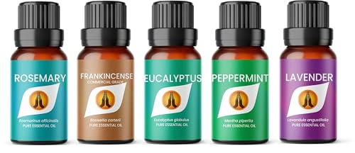 Essential Oil Set for Diffuser | Eucalyptus, Rosemary, Lavender, Peppermint, Frankincense 5 x 10ml | for Home Aromatherapy, Gift for Him/Her, Candle Making, Headache Relief