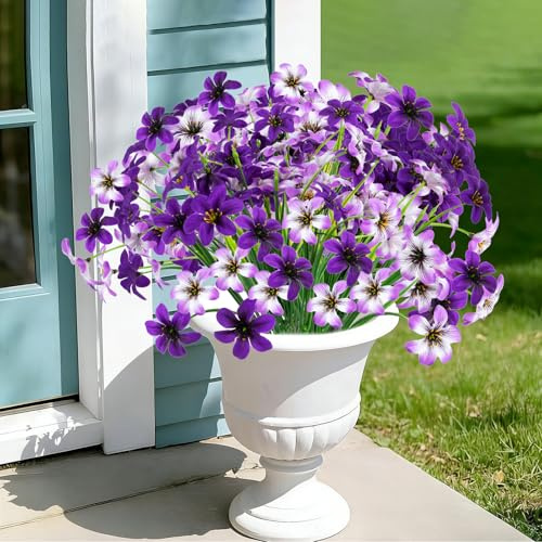 QIHANS 16 Bundles Artificial Flowers Outdoor 2 Colors Pansy Silk Flowers | UV Resistant Faux Plants for Outdoors Realistic Faux Plastic Flower Garden Graves Porch Home Decor