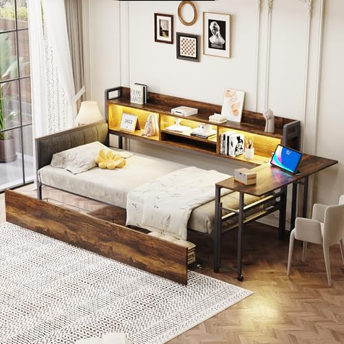 EINHOM Schlafsofa 90 x 200 cm, Kinderbett mit LED-Beleuchtung und Multifunktionale-Ladestation, Stauraumbett mit Ausklappbarem Schreibtisch & Offene Regalfach, Ohne Matratze (Holzfarbe)