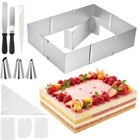 10cm hohe verstellbare Rechteckige Backrahmen 18x28 bis 33x53cm Eckiger | Backform Kuchenrahmen mit Teiler Tortenrahmen rechteckiger Tortenring verstellbare Kuchenform Backring Kuchenring Tortenform