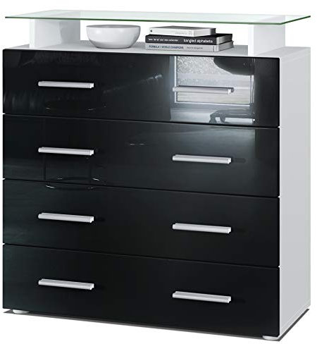 Vladon Sideboard Pavos V2, Kommode mit 4 Schubladen und Glasablage, Weiß matt/Schwarz Hochglanz (76 x 81 x 35 cm)