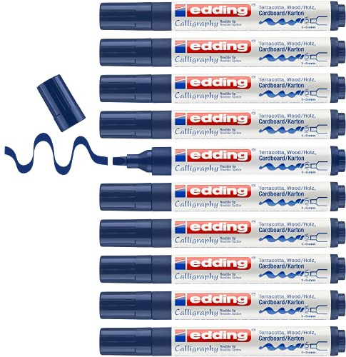 edding 1455 marqueur calligraphique - bleu acier - 10 stylos - plume calligraphique flexible 1-5 mm - stylo fibre pour papier, bois, terre cuite, toile - écriture à la main, carnets de notes