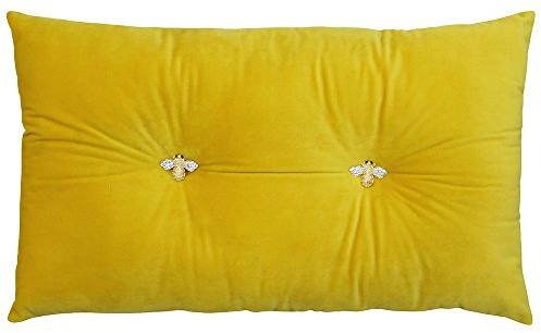 Bumble Rectangular Bee Scatter Cushion - Yellow - Faux Velvet Look and Feel - Jewelled Metal Bee Buttons - Polyfilled - 100% Polyester - 30 x 50cm (12 x 20 inches) - Made by Riva Paoletti