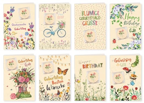 GreenLine Geburtstagskarten mit echten Blumensamen – 8er Set Klappkarten aus 100% baumfreiem Zuckerrohrpapier inkl. Umschläge – Nachhaltige Grußkarten mit Samen zum Einpflanzen – 11,5 × 17 cm
