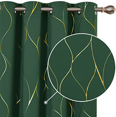 Deconovo Room Darkening Ring Top Curtains, Blackout Thermal Insulated Curtains, Eyelet Gold Wave Foil Printed Eyelet Curtains for Christmas, 46 x 54 Inch (Width x Length), Dark Forest, One Pair