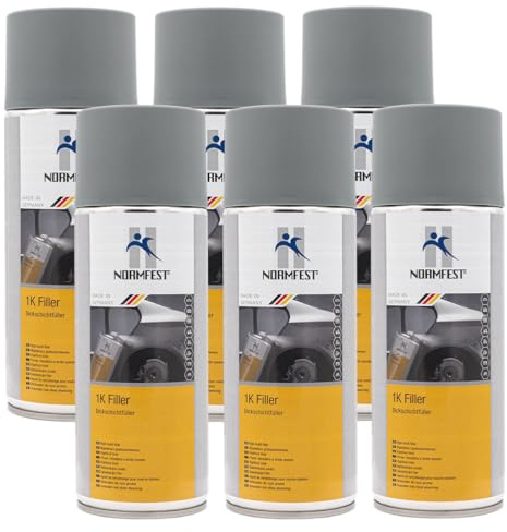 Normfest 1K Filler – Hochdeckender Dickschichtfüller in Grau für Kratzer, Poren und Schleifspuren, ideale Basis für Karosserie- und Lackierarbeiten, 6x 400ml