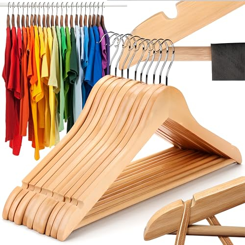 Retoo Perchas Madera Natural, Set 10 Unidades, Gancho Giratorio 360°, Ranuras Antideslizantes, Colgador Robusto Ropa Abrigos Vestidos Chaquetas