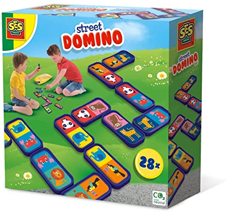 SES Creative | Domino Street – Riesiges Gesellschaftsspiel für Kinder ab 3 Jahren | 28 Tierkarten | Pädagogisches Outdoor-Spiel | Große Spielsteine + Textilsack | Motorik & Koordination | 14773