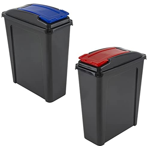 Set of 2-25L Litre Plastic Indoor Recycle Slimline Waste Bin with Lid for in the Home/Kitchen- Made in UK (Red And Blue)