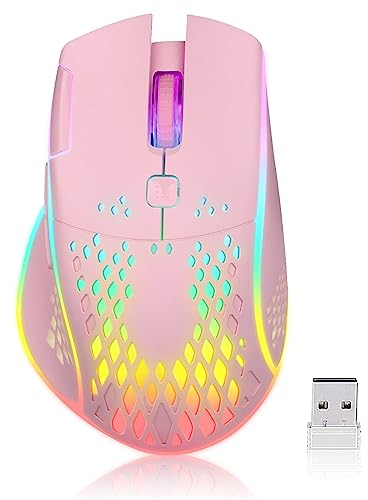 VEGCOO Gaming Mouse, Wireless Mouse Rechargeable Honeycomb Wireless Gaming Mouse with RGB Light/USB Receiver/USB Cable/Adjustable DPI, Optical Gaming Mice Mouse for Laptop PC Computer(Pink)