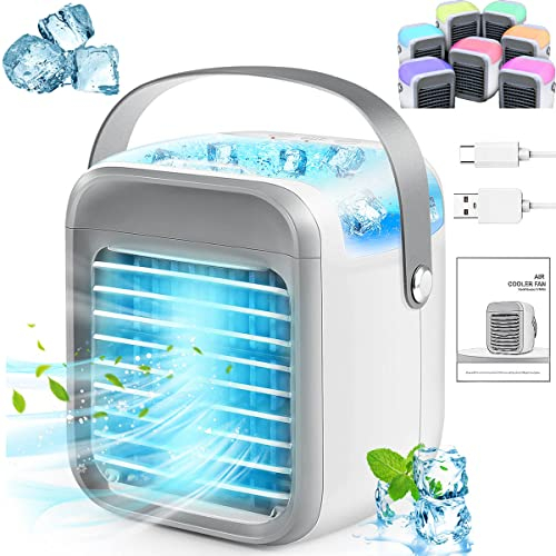 DARMAI Air Cooler, Portable Personal Mini Air Conditioner, 3 Speeds Mode 7 Colors LED Evaporative Cooler Air Conditioner, 2000mAh USB Rechargeable Desktop Cooling Fan for Home Office Dorm(300ML)