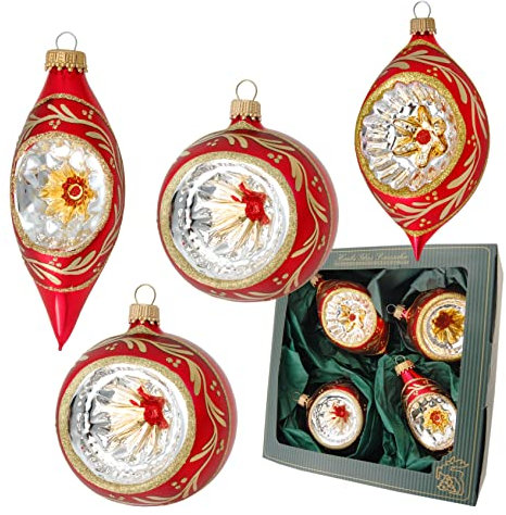 Krebs Glas Lauscha - Weihnachtsdekoration/Christbaumschmuck aus Glas - Reflex Weihnachtsbaumanhänger - Farbe: Rot - 4 Stück - Größe: ca. 9 cm