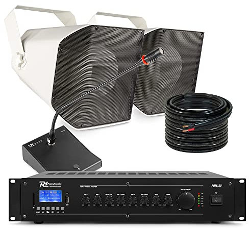 Power Dynamics HS650 Outdoor Horn Speaker System, Commercial PA Kit with 2x Weatherproof Speakers, 6-Channel Mixer Amp, Bluetooth Audio, Paging Microphone, Ideal for Pools, Schools & Sports Venues
