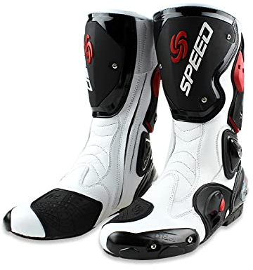 Msport Stivali da Moto Pista Racing Motocross per Uomo e Donna – Protezioni Rinforzate, Antiscivolo, Resistenti agli Urti, Chiusura Rapida – Ideali per Pista e Strada - 44EU Bianco