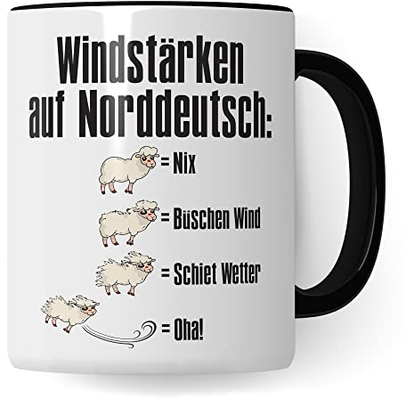 Tasse Windstärken auf Norddeutsch Kaffee-Tasse Schaf Geschenkidee für Norddeutsche Norddeutschland Meer Nordsee Ostsee Kaffeebecher (Weiß/Schwarz)