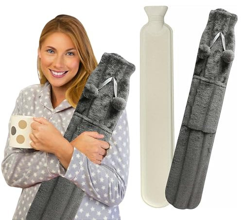 ADEPTNA 2L Extra Long 72 cm Hot Water Bottle with Pom Poms Soft Rabbit Faux Fur Cover with Pocket - Soft Comfortable Safe and Keep Warm (Grey)