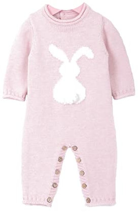 Minora Gestrickter Unisex Strampler für Baby Jungen und Mädchen Overalls Neugeborene Winter, Kaninchen Gemusterter, Pulver, 6-9 Monate