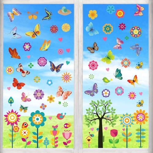 148 Blatt Fensterbilder Frühling Selbstklebend, Fensteraufkleber Kinder Wiederverwendbar, Bunte Schmetterlingsblumen-Fensterdeko für Frühlings und Sommerdekoration/Ostern/Partyzubehör usw