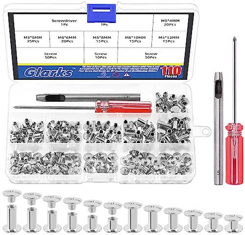 Glarks Lot de 110 rivets en cuir avec poinçon et kit de tournevis, 6 tailles, M5 x 4/5/6/8/10/12 mm - Rivets à clous pour reliure en cuir (argenté)