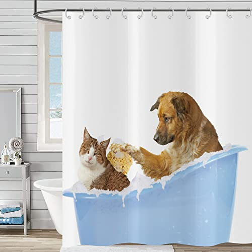 Hnmdmyi Rideau de Douche Drôle 180x180, Chat et Chien Baignant, Enfants Mignons Animaux de Cartoon Bleu Blanc, Imperméable Polyester Tissu Lavable pour Baignoire