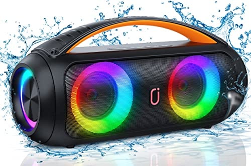 JAUYXIAN Bluetooth Lautsprecher, Tragbarer IPX5 Wasserdicht Lautsprecher Musikbox mit Licht für Draußen, Stereo Sound Laut mit Druckvollem Bass unterstützt USB/TF-Karte/AUX/FM/Rec für Party