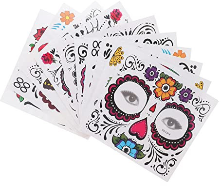 Beavorty 10 Blätter Halloween-gesichtsaufkleber Scarface-dekor Halloween-schädelgesichtsaufkleber Halloween-narben-tätowierung Kostüm Make- up Kind Cosplay Todesschädel Wassertransferdruck